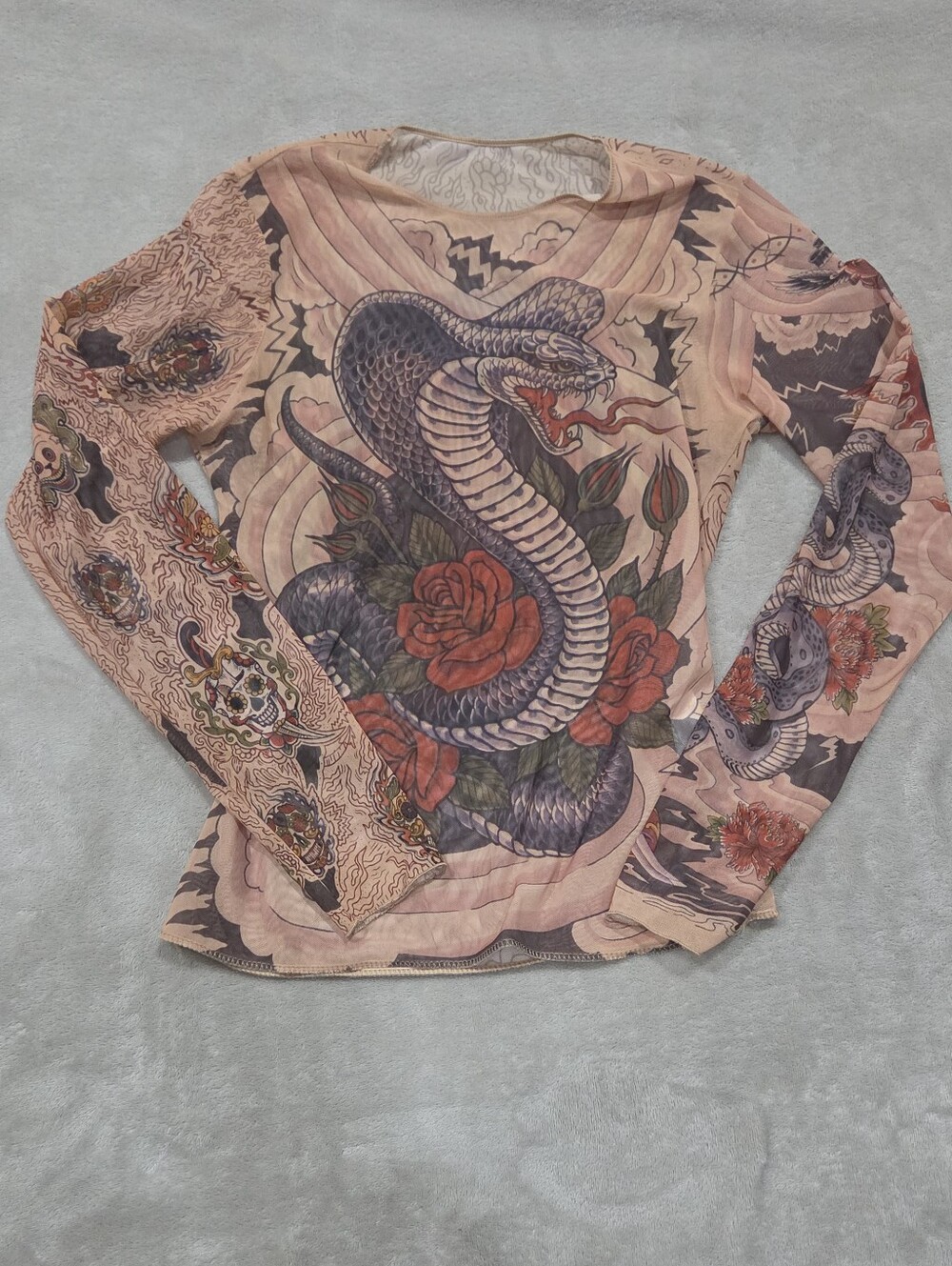 Vintage Long Sleeve Snake & Rose Graphic Mesh Top